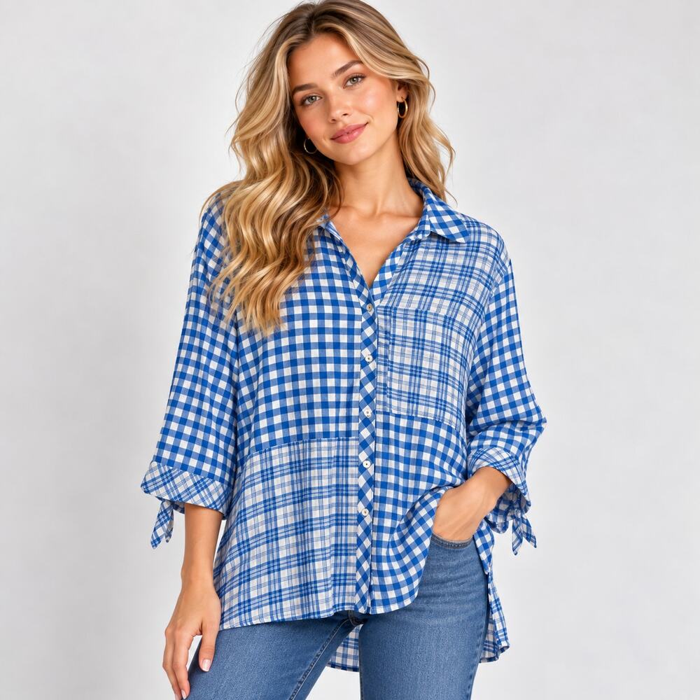 Susan Graver Gingham Button-Up Blouse Women's Size XL Blue Plaid Patchwork NWOT